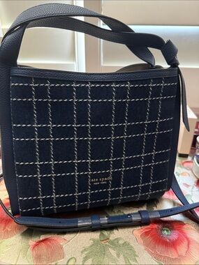 kate spade navy and white checked crossbody bag